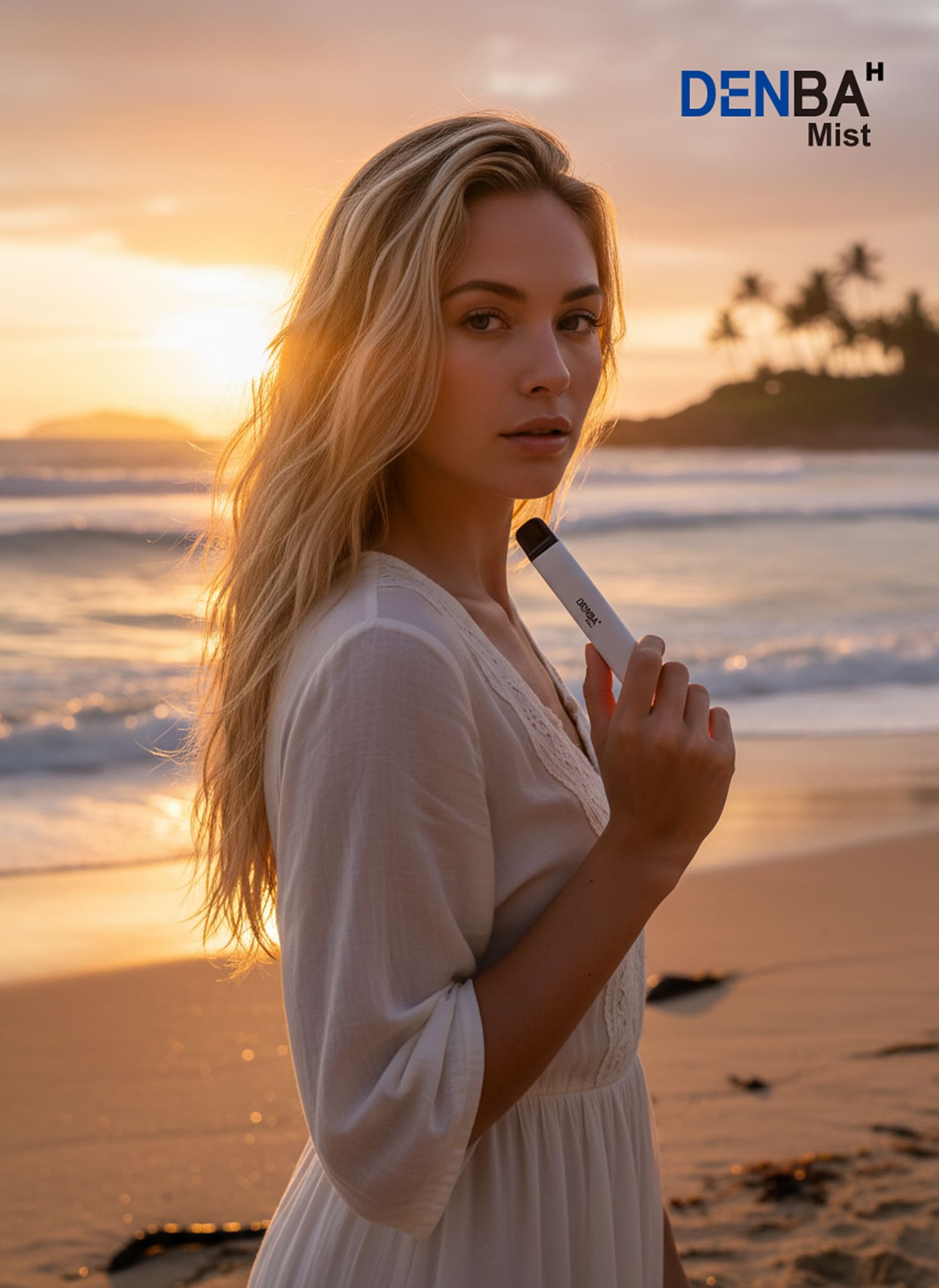 浜辺で夕暮れを背にデバイスを持つ女性