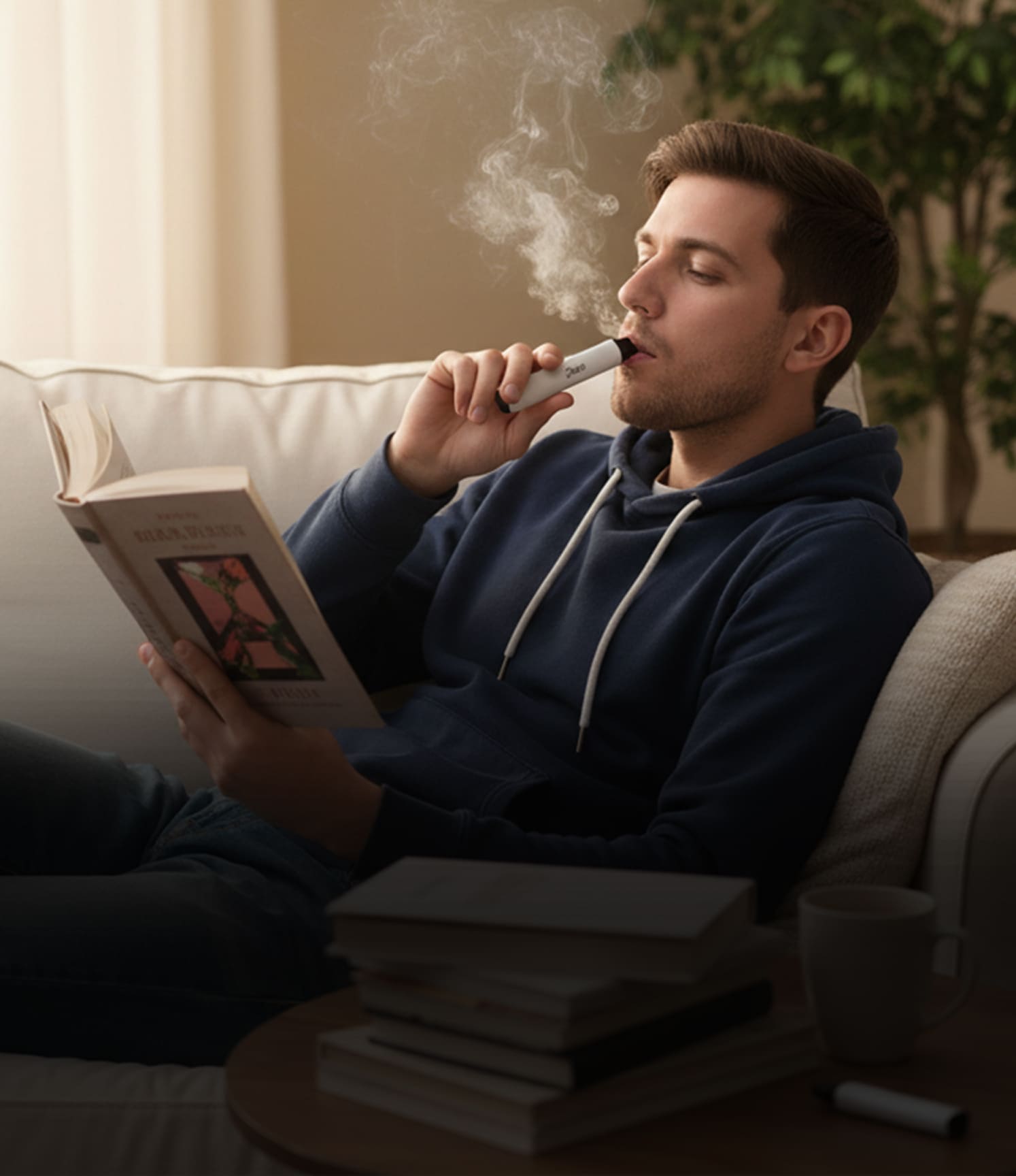 読書をしながらミストを楽しむ男性